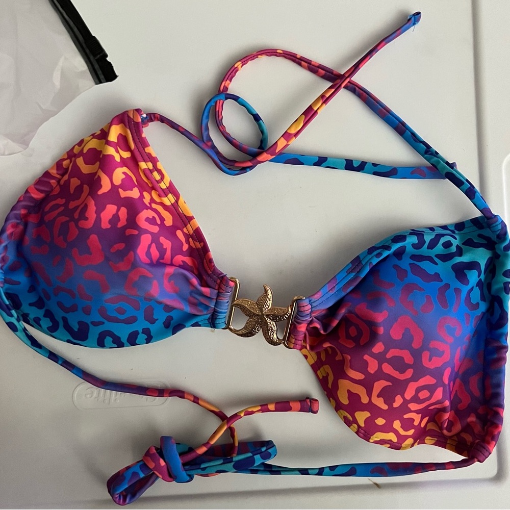 Blue Pink Leopard Halter Starfish Decor Side Tie Bikini Set - Picture 5 of 12